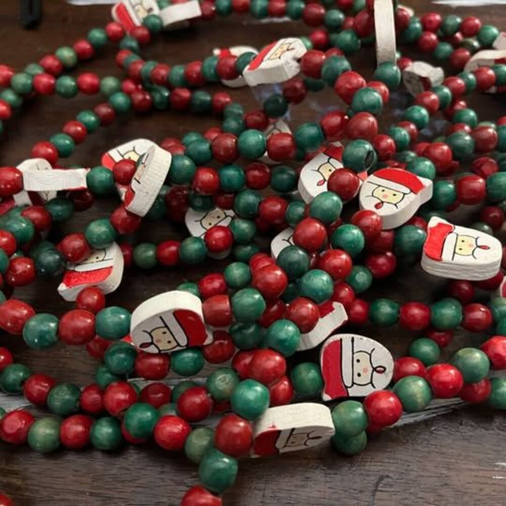 2 Strands Vintage Wooden Santa Claus Christmas Bead Garland, 11 ft each